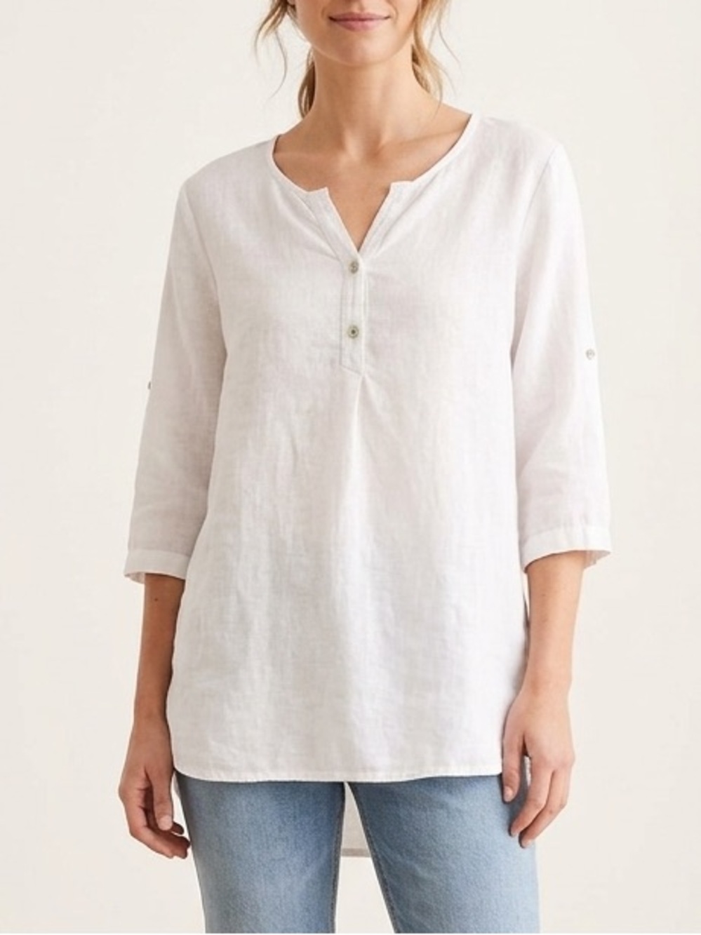 Viola Borghi Women's White Linen 3/4 Sleeve Henley Tunic Top Shirt Size Large
